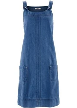 Robe En Jean Coton Avec Bretelles De Salopette, Longueur Genou