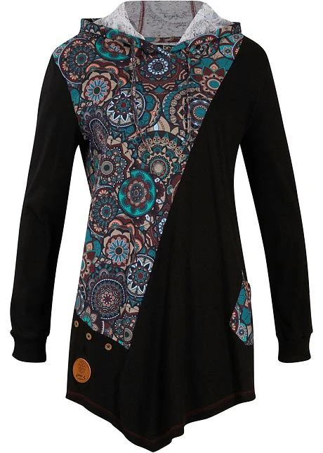 T-shirt à Capuche Avec Base à Pans Et Motif Patchwork, Manches Longues 1 T-shirt à Capuche Avec Base à Pans Et Motif Patchwork, Manches Longues