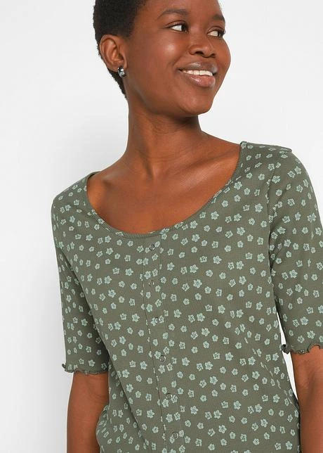 T-shirt Côtelé Avec Imprimé Floral, Mi-manches 6 T-shirt Côtelé Avec Imprimé Floral, Mi-manches - Afbeelding 6